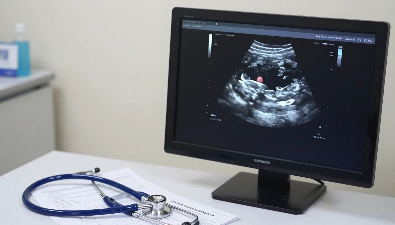 Liver ultrasound scan showing bright fatty changes on a monitor beside a stethoscope and a liver function lab report at a Bhubaneswar clinic — Fatty Liver