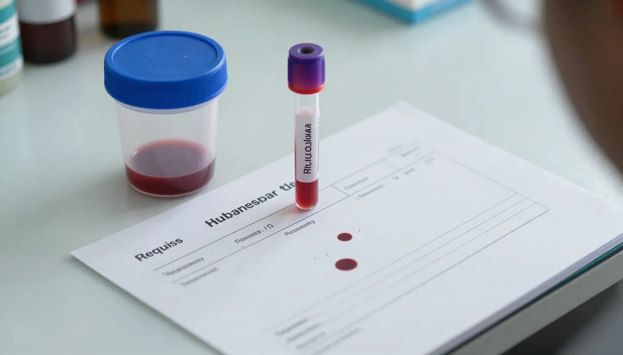 Stool sample container with a visible blood reference card and a stool occult blood lab requisition at a Bhubaneswar clinic — Blood in Stool
