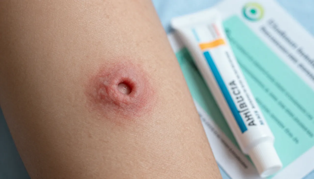 Close-up of a circular red ringworm rash with a central clearing beside an antifungal cream and a hygiene leaflet at a Bhubaneswar clinic — Ringworm