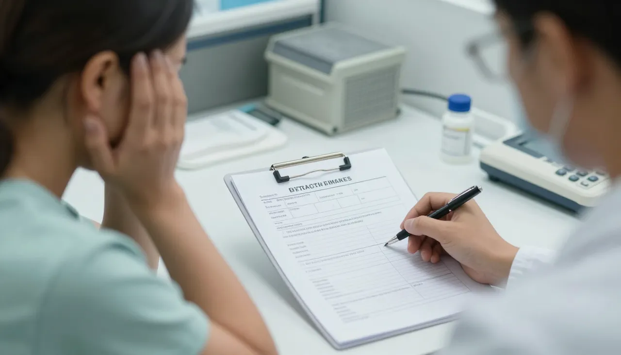 Tired patient sitting with a thyroid lab report and a fatigue symptom diary on a clinic desk in Bhubaneswar — Thyroid-related Fatigue