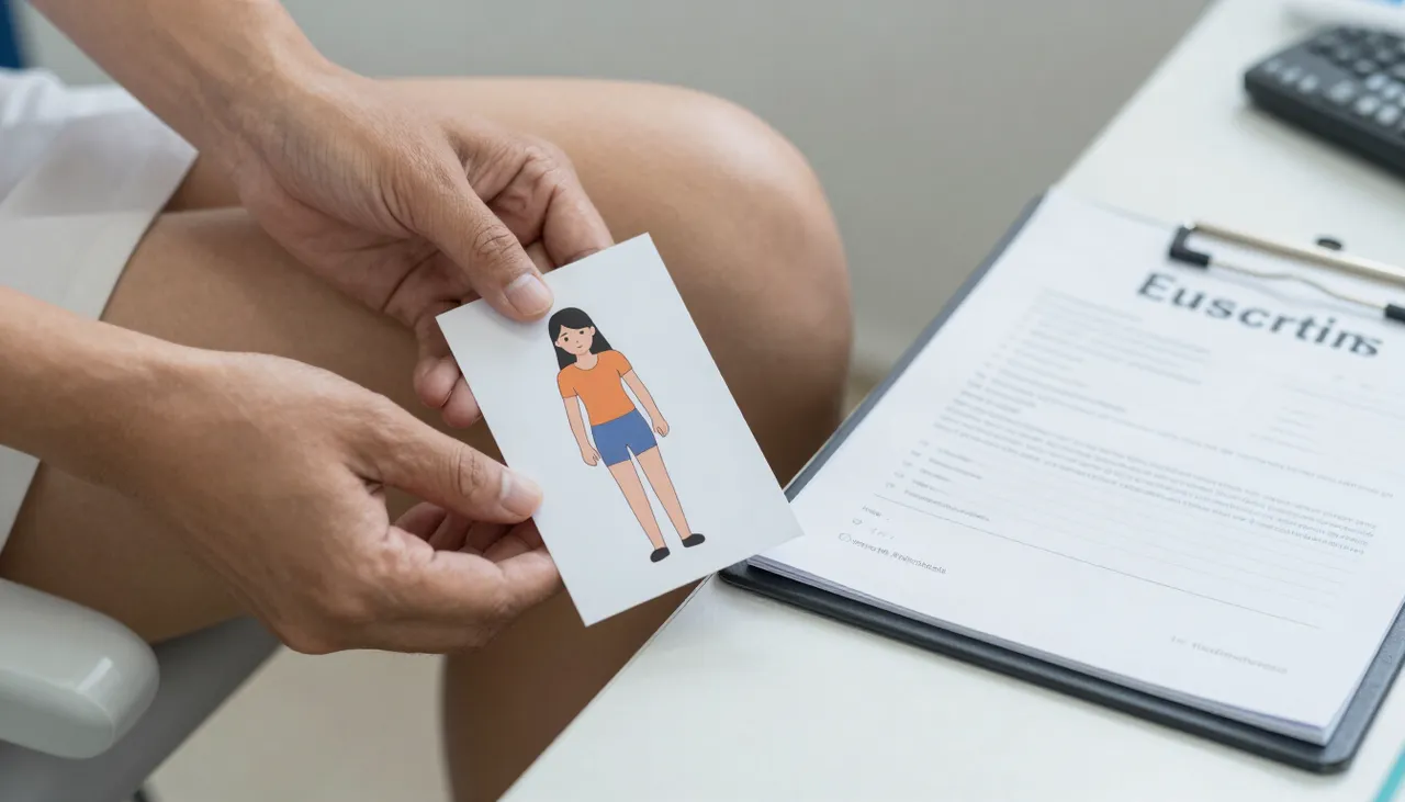 Person crossing legs with an urgent-urination illustration card and a bladder diary at a Bhubaneswar clinic — Urinary Urgency
