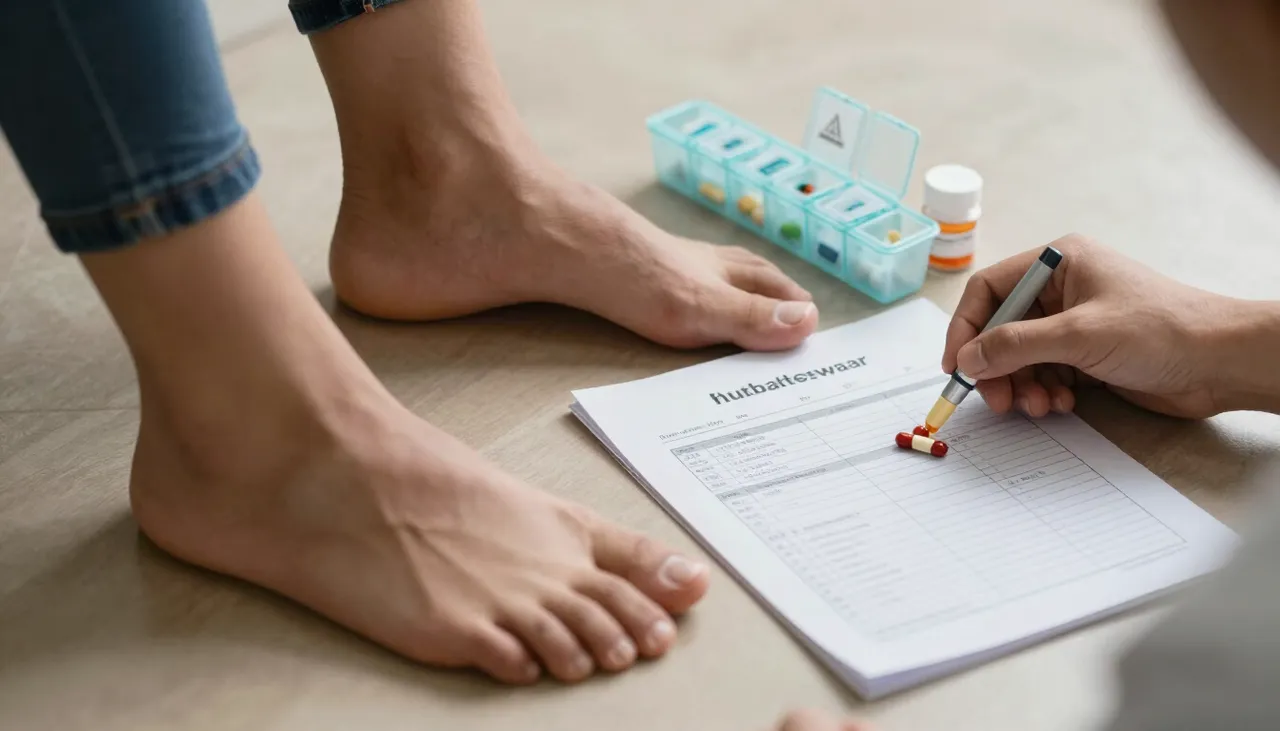 Person with swollen ankles beside a pill organiser with blood-pressure medicines and a medication-review checklist at a Bhubaneswar clinic — Medication-related Swelling