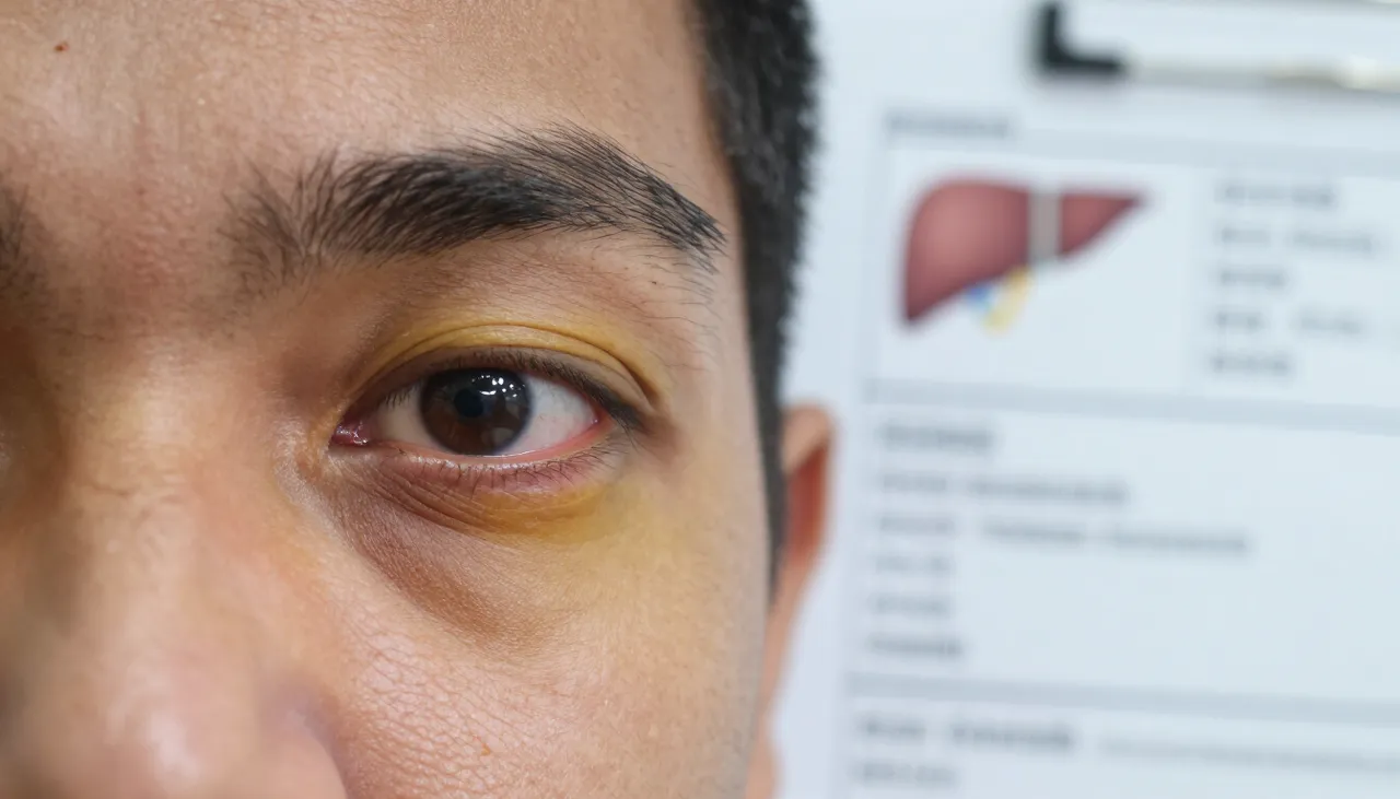 Close-up of a patient’s face showing yellowing of the whites of the eyes beside a liver function lab report at a Bhubaneswar clinic — Jaundice