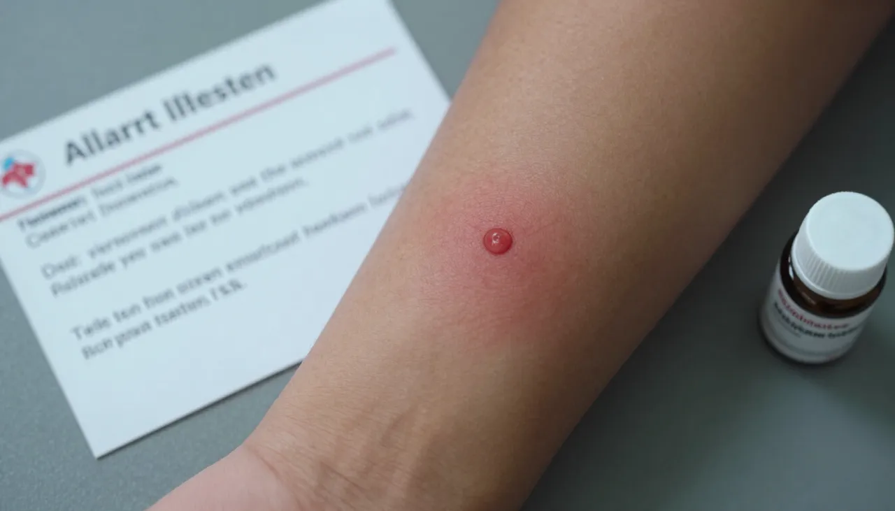 Close-up of a raised red allergic skin rash on the arm beside an allergen reference card and an antihistamine at a Bhubaneswar clinic — Allergic Skin Rash