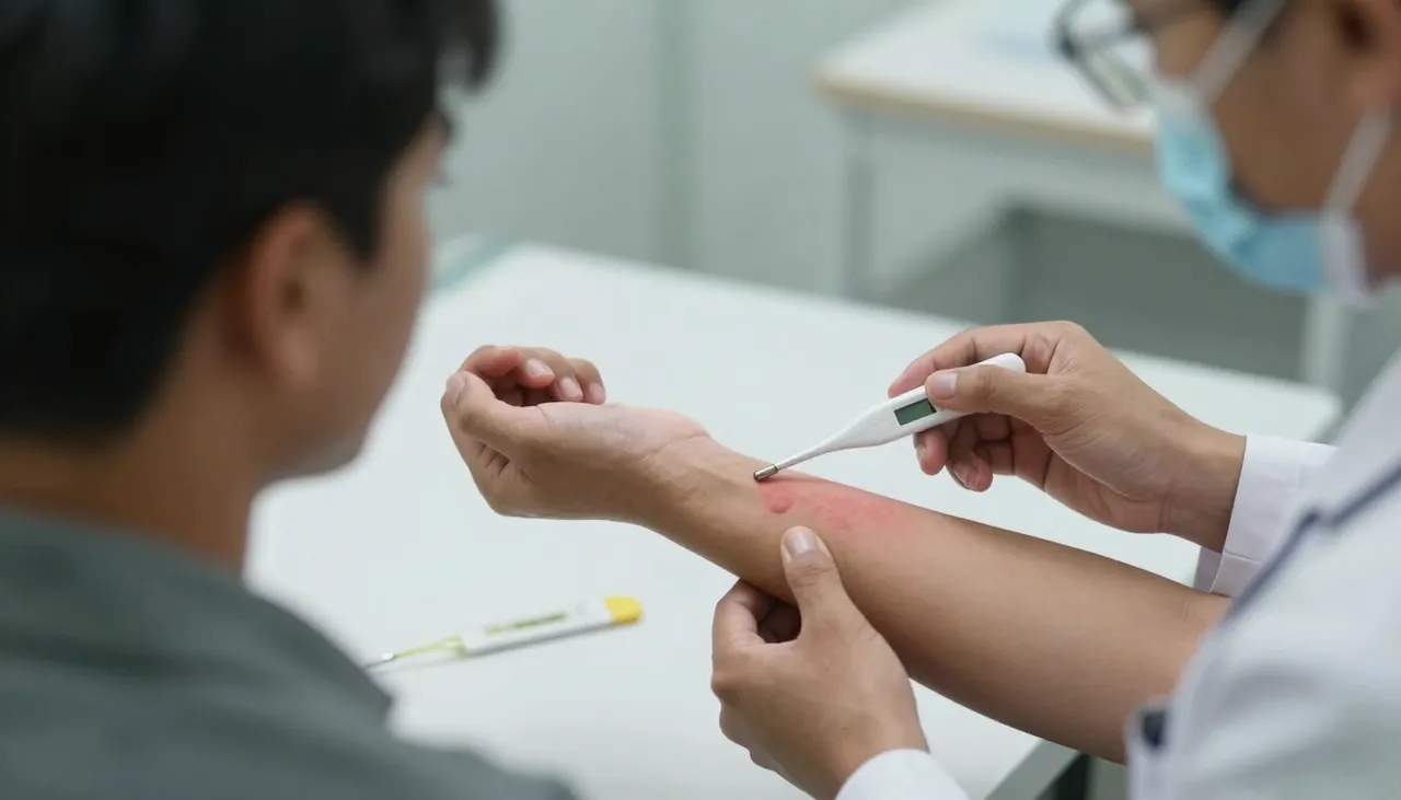 Doctor examining a red rash on a patient’s arm with a thermometer showing fever on the desk at a Bhubaneswar clinic — Skin Rash with Fever