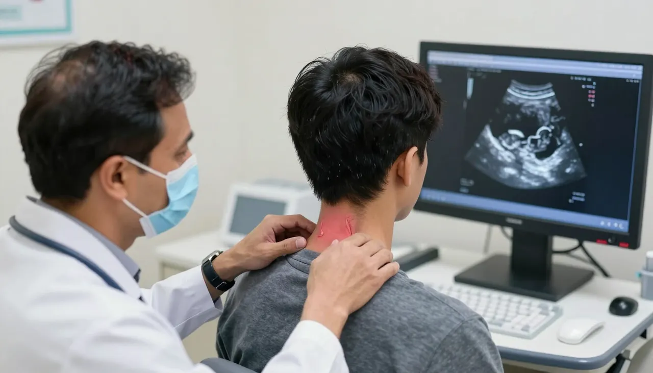 Doctor examining a visible neck swelling (goitre) with a thyroid ultrasound image on a monitor at a Bhubaneswar clinic — Goitre / Enlarged Thyroid