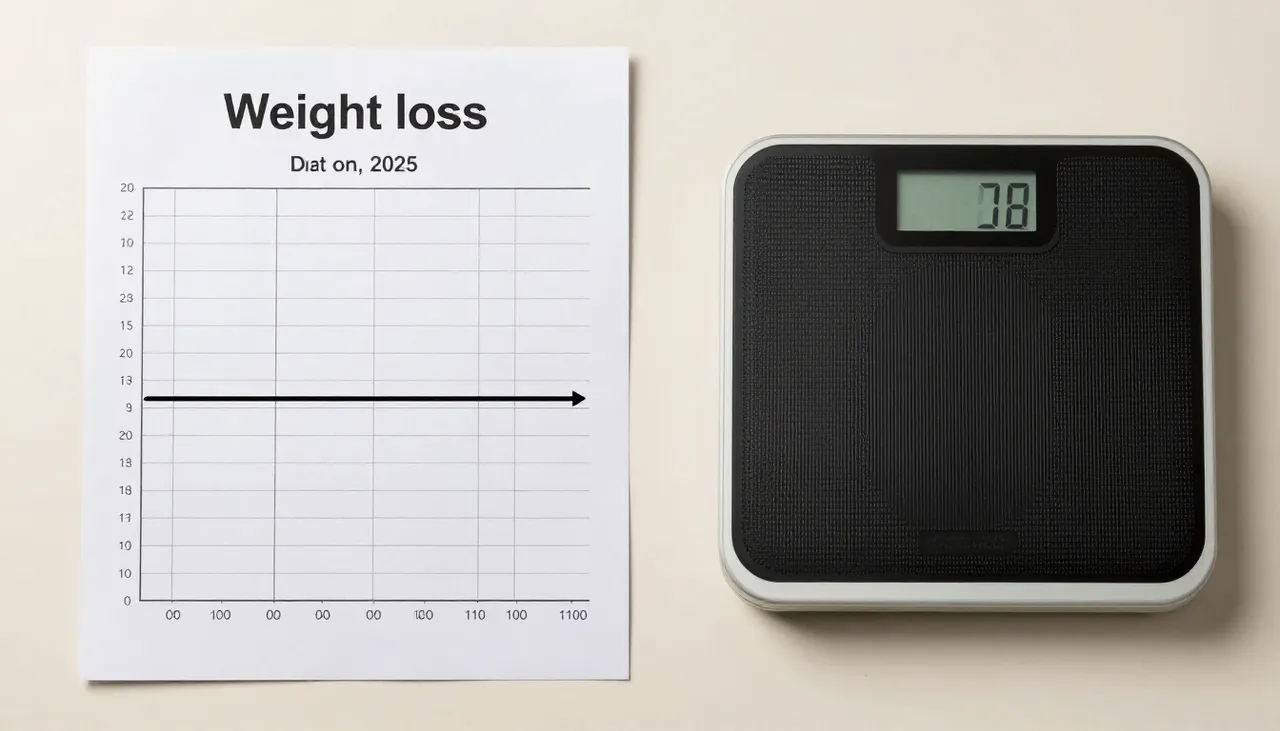 Weight-loss chart showing a flat plateau line beside a diet diary and a bathroom scale at a Bhubaneswar clinic — Weight Loss Plateau