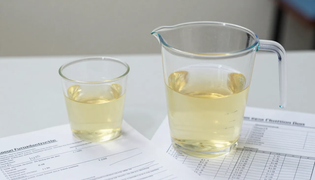 Urine output measurement jug showing a low volume beside a kidney function lab report and a fluid-intake chart at a Bhubaneswar clinic — Reduced Urine Output