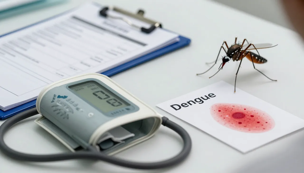 Lab report showing low platelet count beside a mosquito model and a red rash reference card at a Bhubaneswar clinic — Dengue Fever