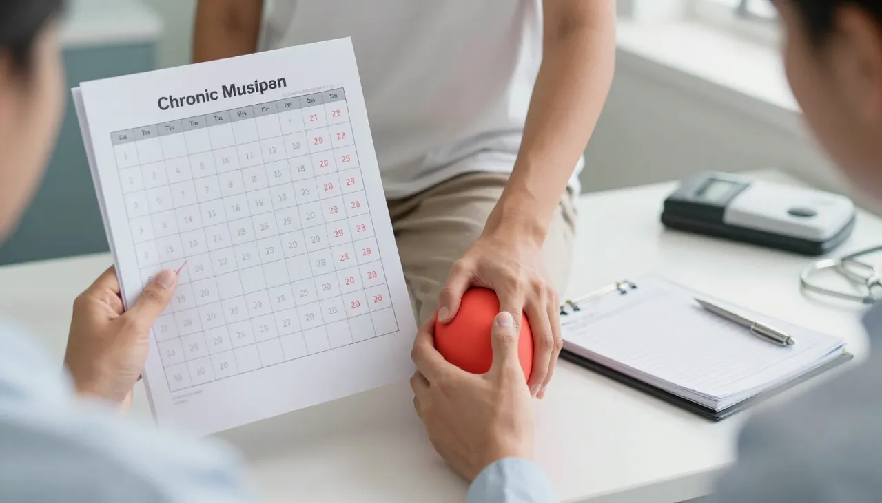 Person holding the lower back and knee with a chronic-pain timeline calendar and a pain diary at a Bhubaneswar clinic — Chronic Musculoskeletal Pain