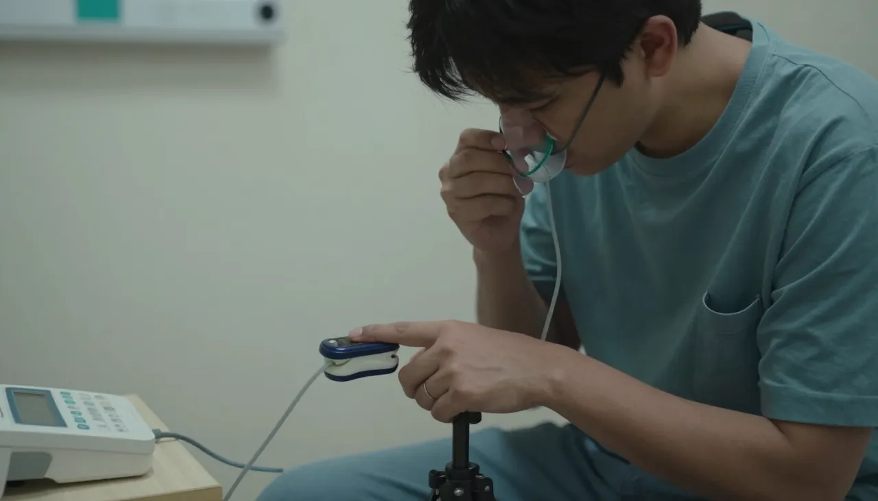 Person sitting forward in a tripod breathing position with a pulse oximeter and nasal cannula nearby at a Bhubaneswar clinic — Difficulty Breathing