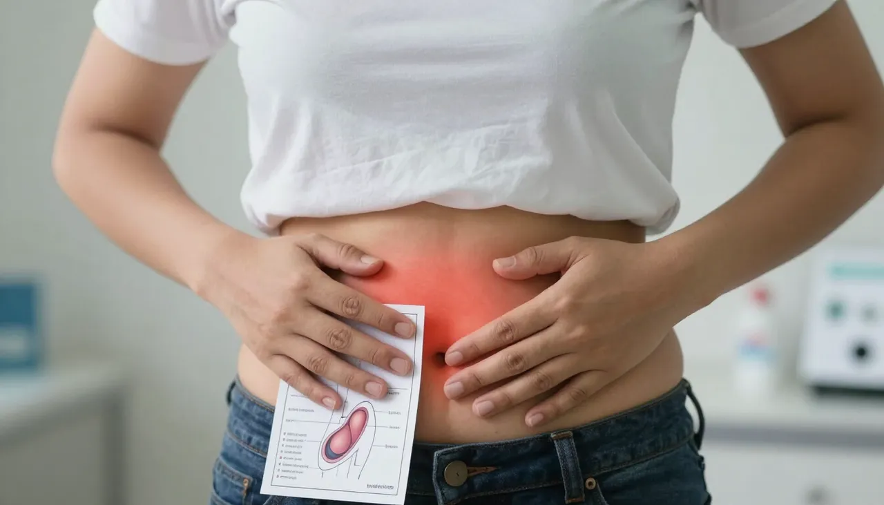 Person pressing the upper central abdomen with an upper-abdominal pain diagram and gallbladder reference card at a Bhubaneswar clinic — Upper Abdominal Pain