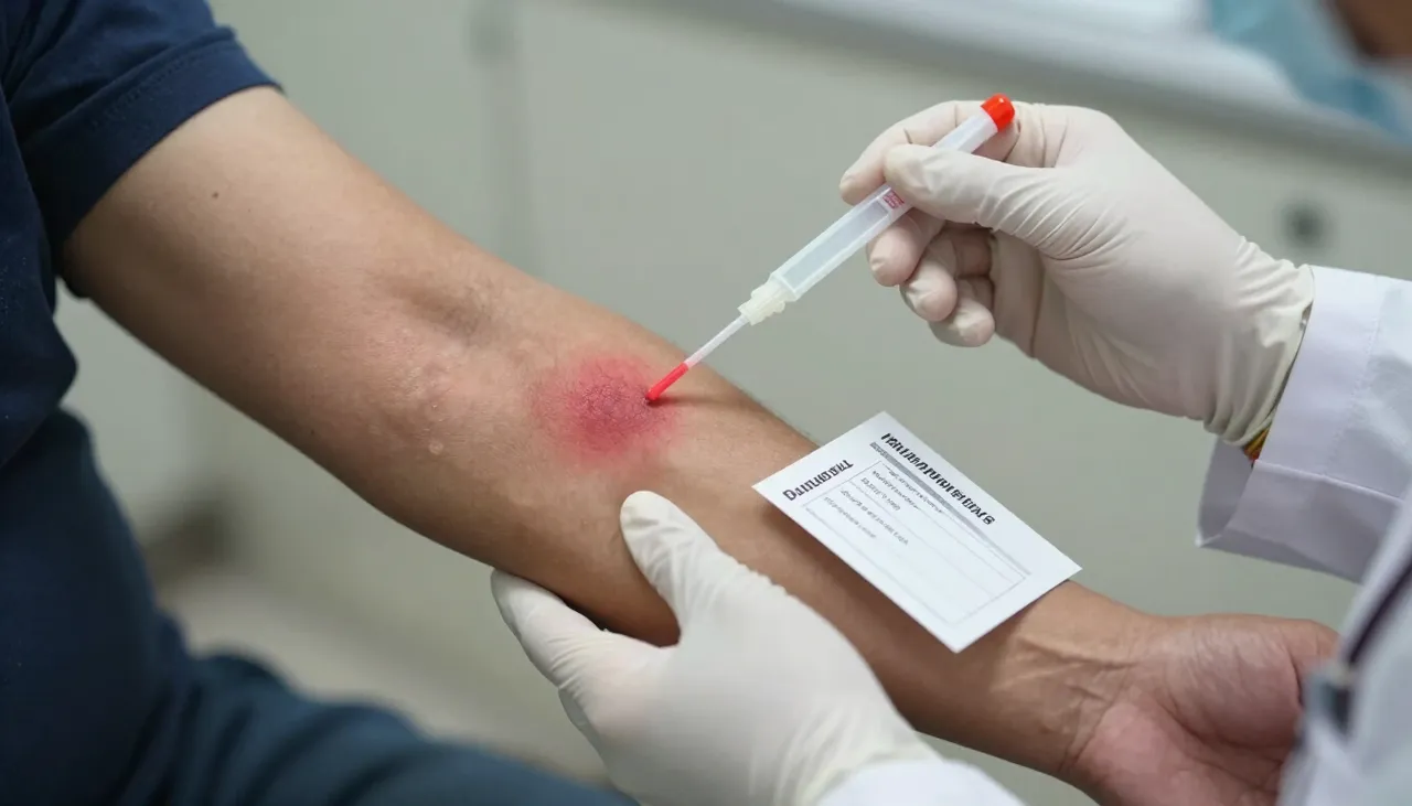 Doctor examining a red infected skin lesion on a patient’s arm with a swab kit and antibiotic reference card at a Bhubaneswar clinic — Skin Infection