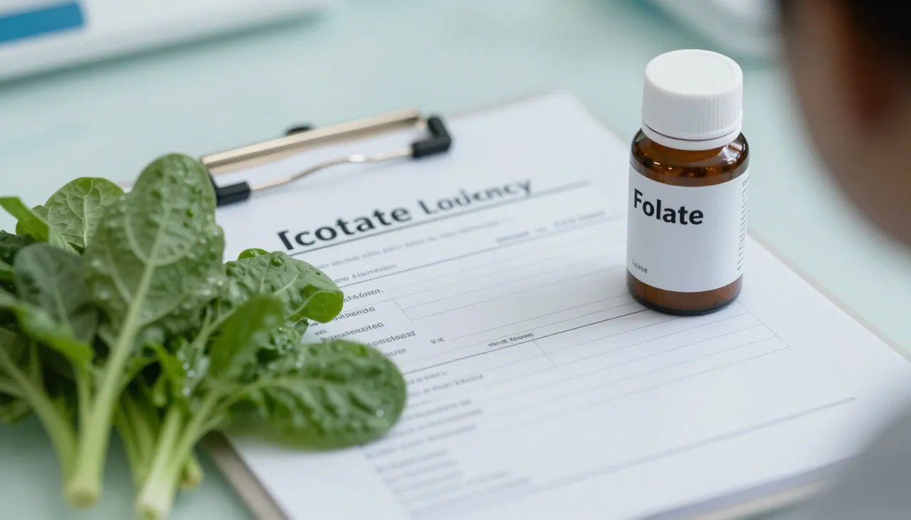 Folate lab report showing a low value beside folate-rich green vegetables and a supplement bottle at a Bhubaneswar clinic — Folate Deficiency