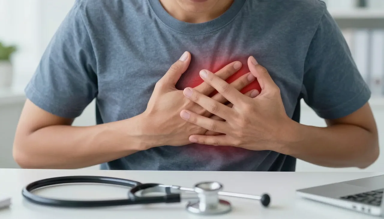 Person pressing a hand to the centre of the chest with a tightness sensation illustration and stethoscope at a Bhubaneswar clinic — Chest Tightness