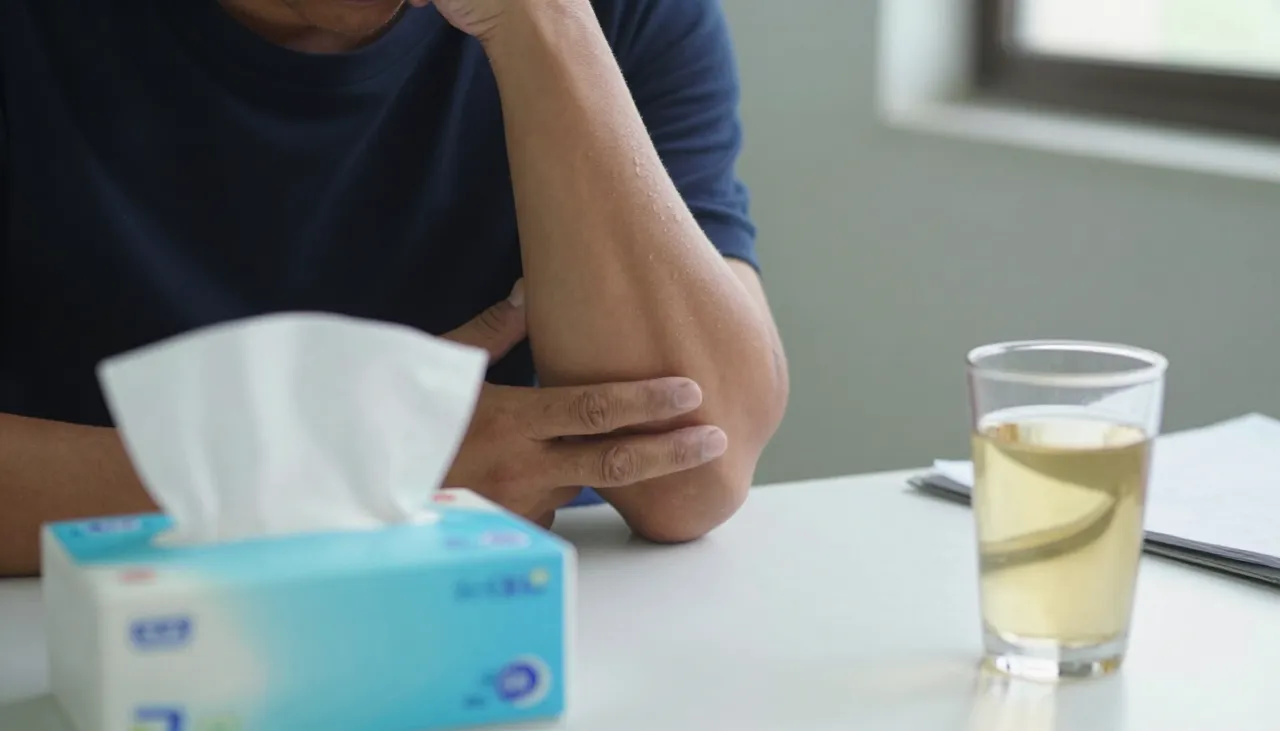 Person coughing into the elbow with a box of tissues and a glass of warm water at a Bhubaneswar clinic — Cough