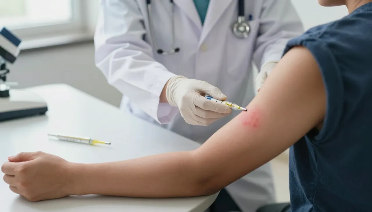 Doctor examining a red rash on a patient’s arm with a fever thermometer on the desk at a Bhubaneswar clinic — Fever with Rash