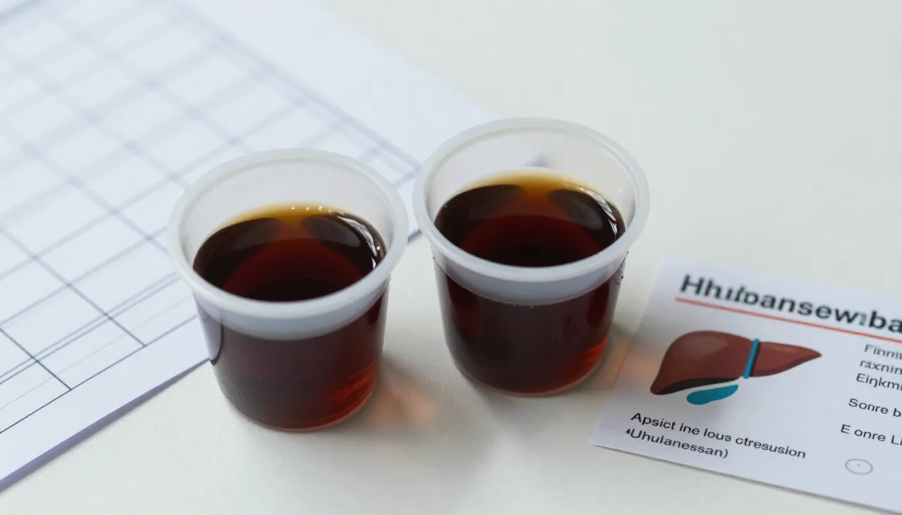 Urine sample cup showing dark-coloured urine beside a fluid-intake chart and a liver reference card at a Bhubaneswar clinic — Dark Urine