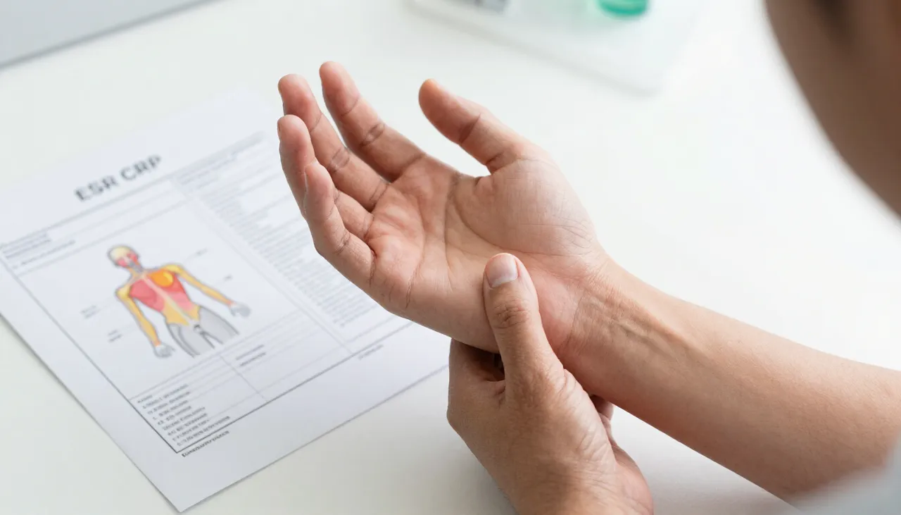 Person holding a warm swollen wrist with an inflammatory-joint-pain illustration and an ESR/CRP lab report at a Bhubaneswar clinic — Inflammatory Joint Pain