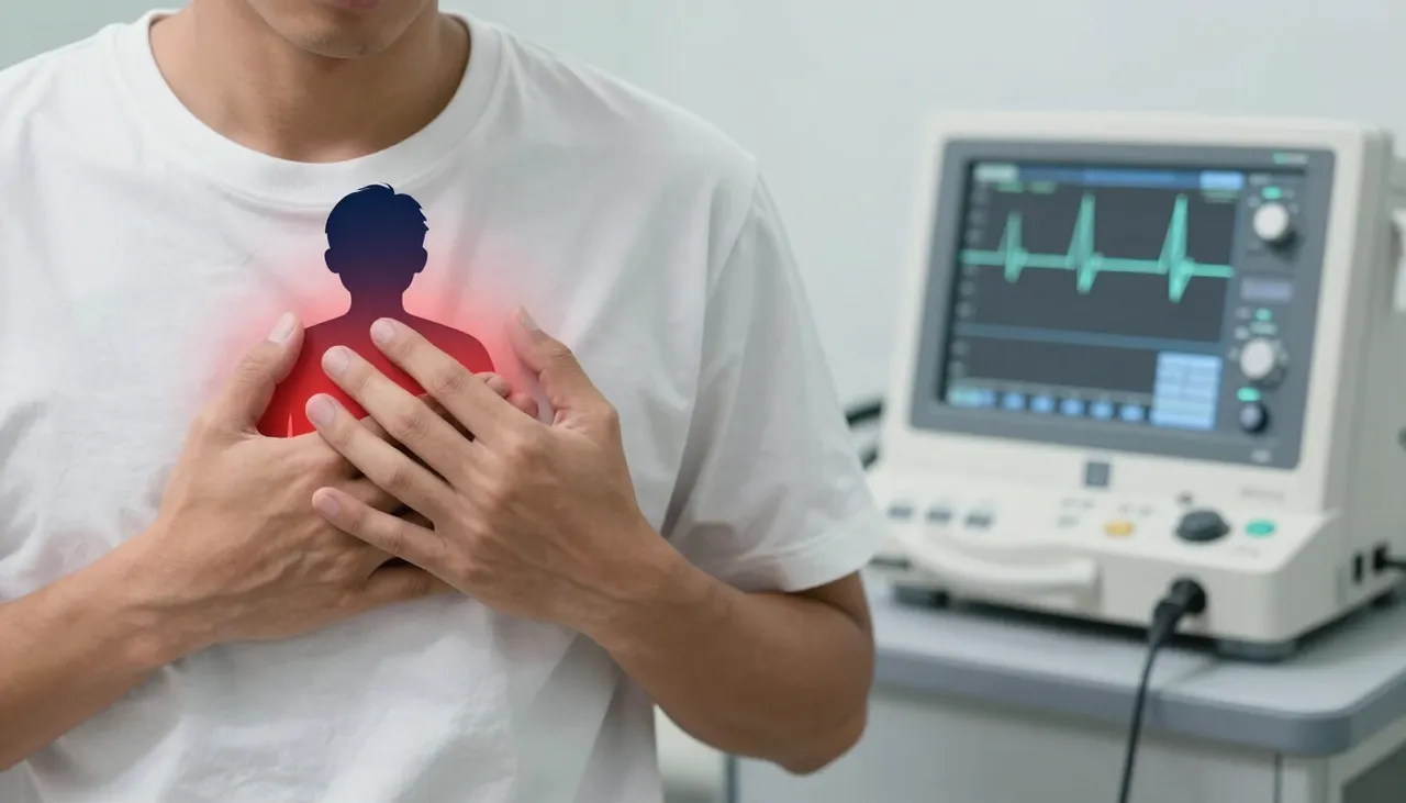 Person holding the left side of the chest with a non-specific chest pain illustration and an ECG machine nearby at a Bhubaneswar clinic — Non-specific Chest Pain