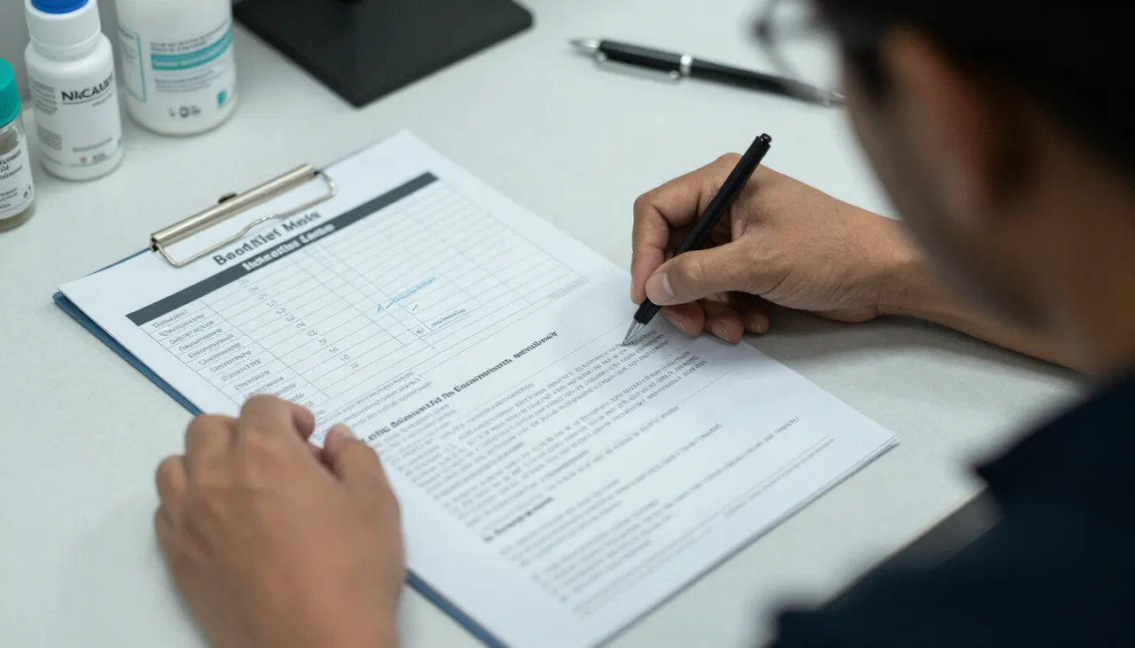 Person looking weak and drained with a weakness assessment chart and a general-health check leaflet at a Bhubaneswar clinic — General Weakness