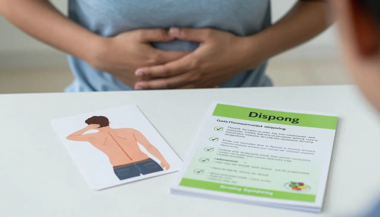 Person rubbing the upper abdomen with a fullness and bloating illustration and a dietary advice leaflet at a Bhubaneswar clinic — Indigestion / Dyspepsia