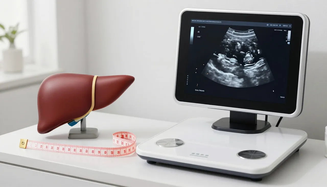 Liver ultrasound image showing fatty change beside a bathroom scale and a measuring tape at a Bhubaneswar clinic — Fatty Liver and Obesity